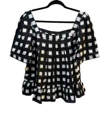 Diane Von Furstenberg Blouse Silk Puff Sleeve Square Neck Shirt Size‎ 12 Gingham