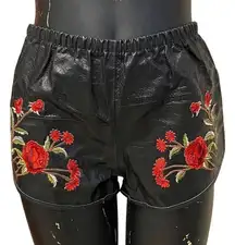 American Vintage Black Faux Leather Short Red Floral Embroidery