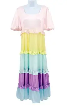 NEW Olivia Rubin Tiered Rainbow Satin Midi Dress Puff Sleeve Ruffle RARE Sample