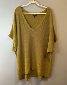 Eileen Fisher Top Greengold Melange Linen Grain V Neck Knit Sz XL EUC Short Slv