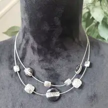 Women's Gold Tone Hammered Squares Black Enamel Round Rhinestone Choker Necklace