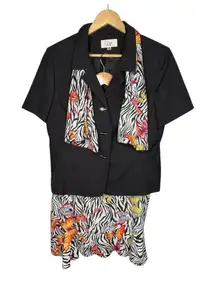 Vintage Le Suit Black Zebra Butterfly Print Skirt Suit Set Women Size‎ 16P
