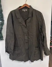FLAX 100% Linen Blazer Jacket Relaxed Fit Womens Size Medium Olive Green Boho