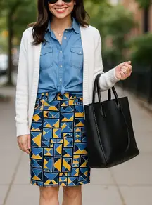 LuLaRoe Womens Skirt Size L‎ Cassie Blue Yellow Pencil Triangles Geometric NEW