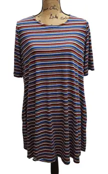 Agnes & Dora XL Tunic Top Blue Brown Red Stripe Short‎ Sleeve Made in USA