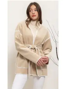Vici Beige Fleece Scallop White Whipstitch Belted Cardigan Jacket Wrap Large