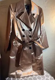 Brandon Thomas NWOT Taupe Gold Trench Coat w black leather trim pockets dressy M