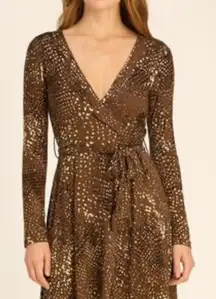 CAbi Brown White Dotted Long Sleeve Knit Belted Midi Dress Size Small