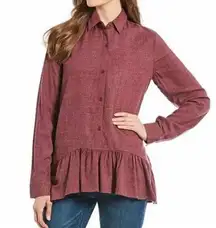 Point Collar Peplum Tunic Button Down Purple Red Long Sleeve Large Red