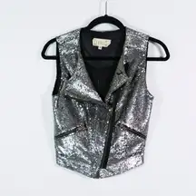 Georgie Sequin Glitter Sparkle Embellished Sleeveless Moto Vest Jacket Small