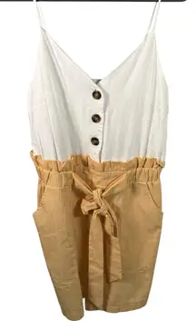 &Merci‎ Gingham Paperbag Waist Tie Romper Size M Yellow White Button Front