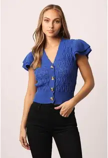 ANOTHER LOVE Pointelle MIRA Flutter Sleeve Cardigan Sweater Cobalt Blue Size L