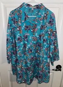 Woman Within Plus Three Quarter Sleeve Shirt Teal Pink White Paisley 2X 4X 26/28