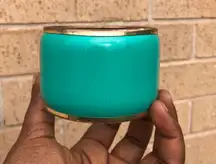 Vintage 80s 90s Aqua Teal Green Blue Enamel Bronze Gold Tone Bangle Bracelet Chunky Large Turquoise