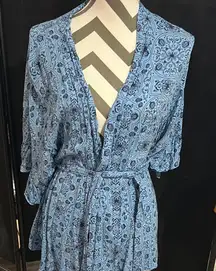 Ruby Ribbon Zoe Kimono Wrap Top Size Large Blue Bandana Print Tie Waist