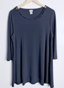 Chico’s Navy Tunic 3/4 Sleeves Medium Chico’s 1 Stretch Dressy Casual Flowy