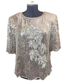 Vintage 80s 90s Sequin Pearl Embellished Floral Silver Formal Silk Blouse