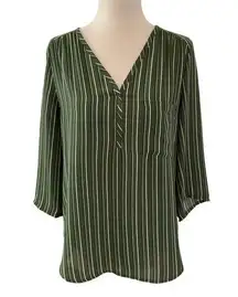 Pleione Green Striped V-neck 3/4 Sleeve Women's Top Size XS | 26-3