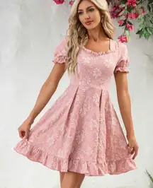 JJs HOUSE Flower Ruffle V-Neck‎ A-line Jacquard Mini Dress