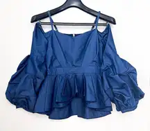 Gracia Navy Blue Cold Shoulder Blouse, Peplum Waist, Women's Size M