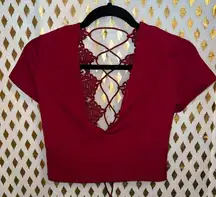 Red lacy lace up backless crop top size M