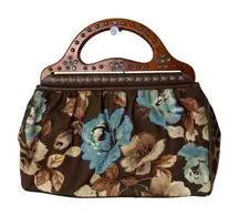 Isabella Fiore Vintage-Look Brown Teal Floral Beaded Top Handle Bag Clutch