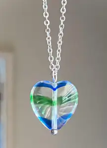 Handmade retro vintage fairy whimsical style quality Czech glass green & blue heart bead simple necklace🩵