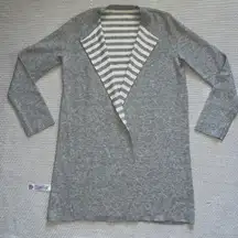 Eileen Fisher Long Sleeve Reversible Stripe Grey White Long Cashmere Cardigan