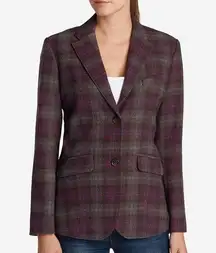 Eddie Bauer Woman's Classic Wool Blend Blazer Coat Burgundy Plaid 2 Button Lined