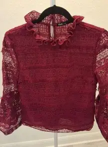 INA Burgundy Lace with Bell Sleeves and Ruffle Collar Elegant Long Sleeve XS Top