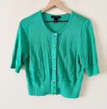White House Black Market Lightweight Short Sleeve Cardigan w. Jewel in Green M