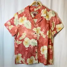 Caribbean Joe Tropical Floral Short Sleeve Button Up Notched Collar Blouse Top