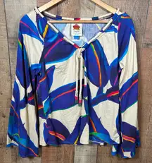 Farm Rio Anthropologie Linen Blend Rope Tassel Boho Blouse Top Medium Tropical