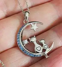 Cats On Moon I Love You Forever CZ Sterling Silver Necklace