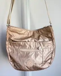 Kipling Shoulder Bag Metallic Gold Tan Beige Nylon Crossbody Handbag Purse