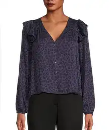 Marine layer  Rory Longsleeve Ruffle Blouse in Navy & Black Cheetah small NWT