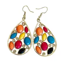 Teardrop Dangle Hook Pierced Earrings Multicolor Faceted Settings Rhinestones