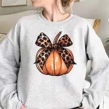 Holiday Harvest Sweatshirt Animal Print Bow Wrapped Pumpkin Cheetah Leopard NEW