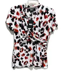 DKNY Women's White Top with Orange and Black Print