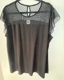 Anne Klein Black Short Flutter Sleeve Blouse Sheer Polka Dot Yoke Size 2X