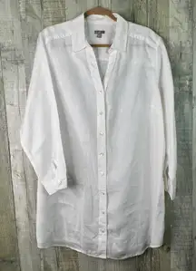 J. Jill Linen White 2X Collared V-Neck Button Front Long Sleeves Button Cuff Top