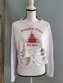 Love j  Thank You White Red Enjoy Slit Cuts Crop Pullover Sweatshirt Size L