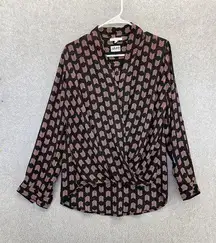 Pleione Women's Blouse Surplice Hi Low Black Pink Long Sleeve Chevron Print Med