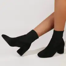 Shein Black Faux Suede Chunky Block Heel Pull On Knit Detail Sock Booties 7.5