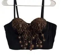 Beaded sequin 3D floral Crop bustier bra top gold black removable straps large