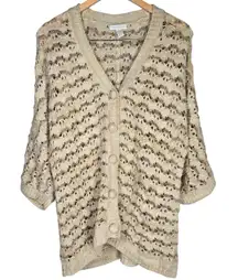 Charter‎ Club Wool Blend Beige Brown Crochet Knit Cardigan Sweater L 3/4 Sleeve