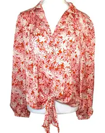 Eclair Blouse Floral Tie Front Button Down Satin Long Sleeve Red Pink  Medium