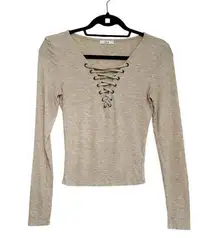 Lace-Up Ribbed Long Sleeve Top - Neutral Beige - Refer to Measurements