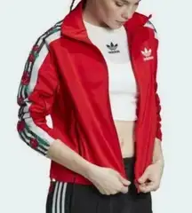 Adidas  Red Floral Hibiscus Stripe Athletic Track Suit Zip Up Jacket SizeL