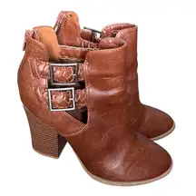 American Eagle Buckle Heeled Ankle Booties Braided Block Heel Brown 6